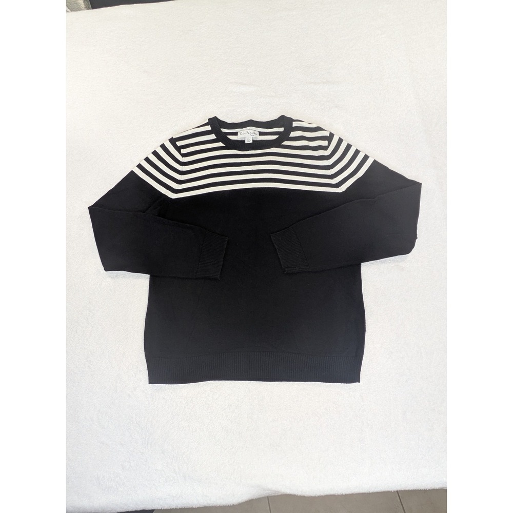 Kim Rogers Striped Yoke Sweater PL Black White Petite Nautical Preppy Cotton